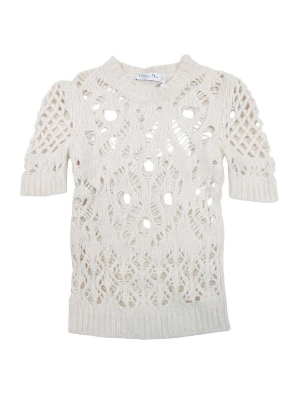 Dior Short Sleeve Clochette Knit Wool Cashmere Low Gauge Sweater Ivory 34